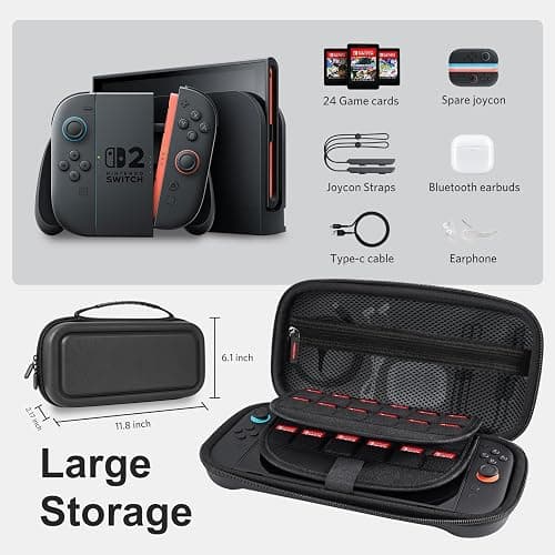 CoBak Large Capacity Carrying Case for Nintendo Switch 2 (2025) - 3 in 1 Accessories Bundle with 2 Screen Protectors, Thumb Grip Caps, 24 Game Cartridges, Hard Shell Portable Travel Pouch, Black thumbnail 2