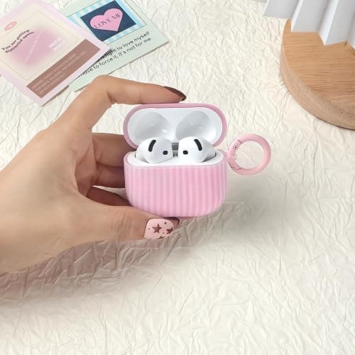 Fycyko for AirPod 4th Generation Case Cute Striped Trendy Aesthetic Glossy Shockproof Protective Case for AirPod 4 with Cleaner Kit-Pink thumbnail 6