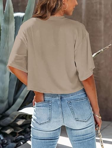 Tankaneo Women Half Sleeve Cropped T-Shirts Drop Shoulder Round Neck Crop Tops Casual Summer Solid Color Basic Tees thumbnail 3