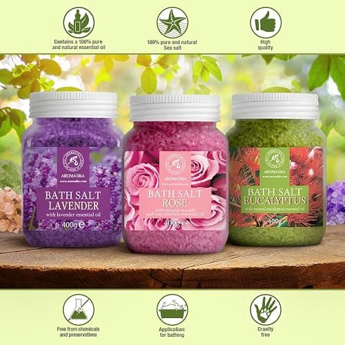 Bath Salts Set 3x400g - Lavender - Rose - Eucalyptus - 100% Natural Essential Oil - Good for Good Sleep - Bathing - Body Care - Wellness - Beauty - Relaxation - Spa thumbnail 4