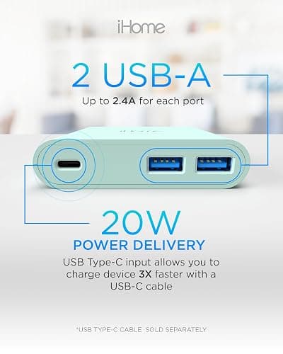 iHome 32W AC Pro Multi Port USB Wall Charger Block - Charging Station for Multiple Devices with 3 Ports (1 USB-C, 2 USB-A) - Fast Charging, Universal Compatibility (Mint) - Mint thumbnail 6