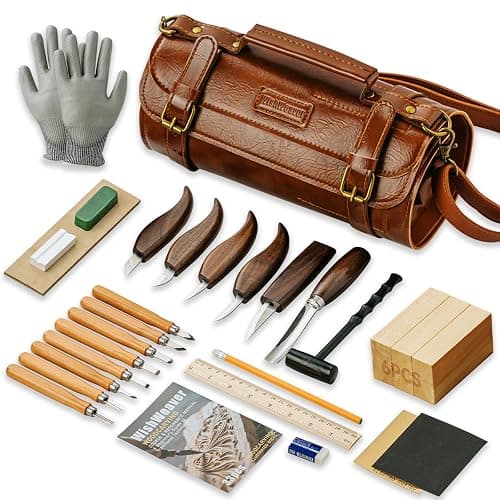Wood Carving Kit, 33Pcs Wood Carving Tools Set with Thick Leather Storage Bag, Deluxe Wood Carving Set, 6 Wood Carving Knives 8 Chisels 6 Blocks Whittling Kit for Beginners Enthusiasts Kids Gift DIY - Image 1