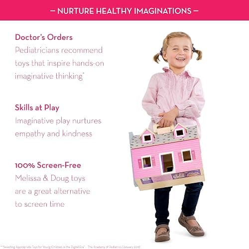 Melissa & Doug Fold & Go Wooden Dollhouse with 2 Dolls and 11 Pieces of Furniture - Portable Mini Doll House with Accessories and Toy Figures, Ages 3+ thumbnail 4