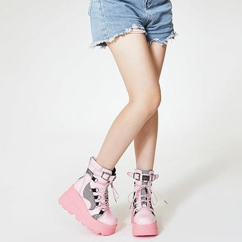 Tscoyuki Platform Ankle Boots for Women Chunky High Heel Booties Goth Round Toe Combat Boots Women Lace Up Motorcycle Wedges thumbnail 8