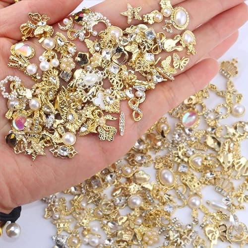 Dornail 50 Stück Gold Nail Charms,Mix Styles Glitzersteine Nägel Perle Legierung Nagel Steine Blume Schmetterling Strasssteine Nägel Herz Stern Nagel Charms DIY Nail Art Zubehör Frauen nägel Deko thumbnail 2