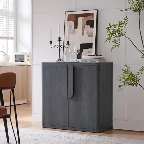 NOWABAY 34.5'' Sideboard Buffet Cabinet W/Storage, Modern Accent Cabinets W/Curved Handles & Adjustable Shelves, 4 Doors Coffee Bar Buffet Table Credenza for Living Room Kitchen Hallway, Dark Grey - Image 1