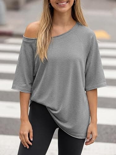 Fisoew Womens Off The Shoulder Tops Oversized Short Sleeve T-Shirts 2026 Summer Spring Casual Fashion Tees thumbnail 2