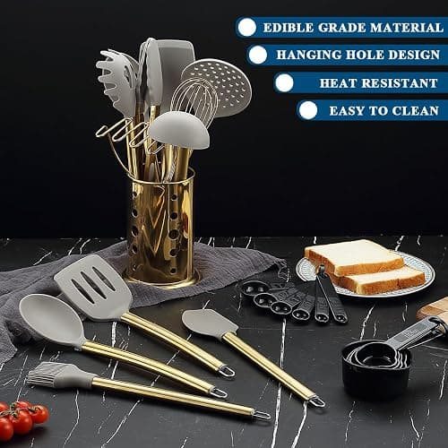 Gold Kitchen Utensils Set, Kyraton 38 Pieces Non-Stick Silicone Cooking Utensils Set, Spoon Spatula Set with Sturdy Stainless Steel Utensil Holder, Dishwasher Safe thumbnail 4