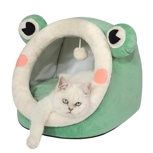 Jiupety Cute Cat Bed, Indoor Lovely Velvet Igloo for Cat and Small Dog, Warm Cave Sleeping Nest Bed for Puppy and Kitten, Green Frog, M - Image 1