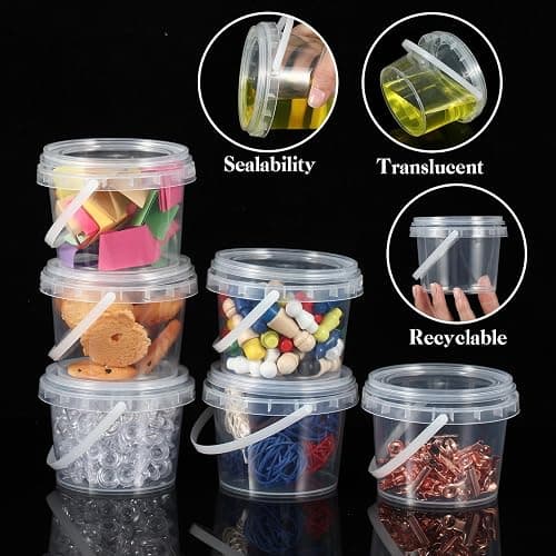 Maxcheck 100 Pcs Clear Containers Bulk with Lids and Handles Plastic Clear Storage Bucket Containers Mini Storage Case for Party DIY Art Craft Pigment Dough Cotton Candy Lotion Small Tools (10oz) thumbnail 4