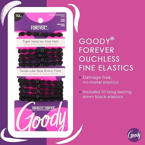 Goody Ouchless Forever Fine Hair Elastics - 10 Ct, Black, Damage-Free Bands, 3X Stronger Hair Ties, Retainable Shape, 16 Strand Inner Core, Hair Accessories for Women & Men thumbnail 2