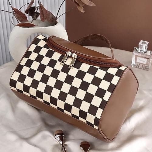 FEEZUSH Makeup Bag, Travel Portable Checkered Pattern Cosmetics Skincare Storage Bag (Brown) thumbnail 4