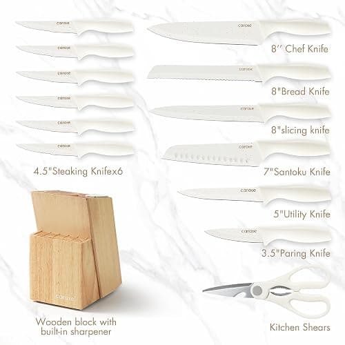 CAROTE 15Piece Knife Set, Kitchen Knife Block Set, Elegant White Ceramic-Coated Blades with Stylish Wooden Block for Modern Culinary Excellence thumbnail 3
