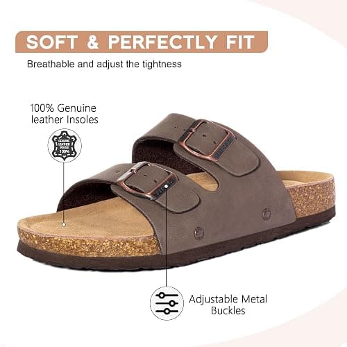 FITORY Womens Flat Sandals with Cork Footbed | Open Toe Slides,Arch Support ,Slip on,Dressy,Leather,Soft,Comfortable,Summer,Beach,Slippers thumbnail 3
