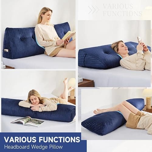 Z-hom Twin Headboard Pillow, Triangular Wedge Reading Pillow for Bed or Sofa, Ergonomic Backrest Cushion for Sitting Up, Reading or Relaxing, with Side Pocket，Removable Washable Cover,Blue thumbnail 5