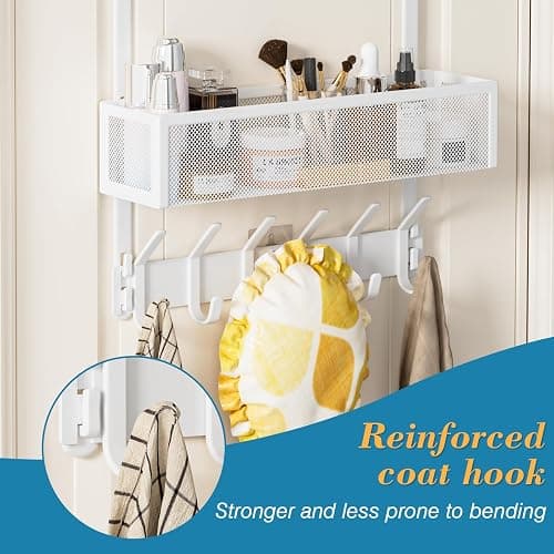 Aimeaihe Over the Door Hooks Organizer,Door Hanger Fits Doors 1 3/4" White | 12 Coat Hooks and 2 Mesh Basket,Space-Saving,Back Storage Organizer,Over The Door Towel Rack,for Bathroom,Bedroom,Kitchen thumbnail 6