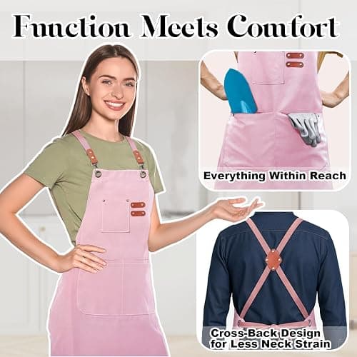 Chef Apron for Men Women with Pockets,Cross Back Cotton Canvas Plus Size Apron for Cooking BBQ Baking Gardening thumbnail 3