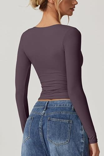 QINSEN Women's Long Sleeve V Neck T Shirts Double Lined Crop Top Seamed Cup Going Out Tops thumbnail 2