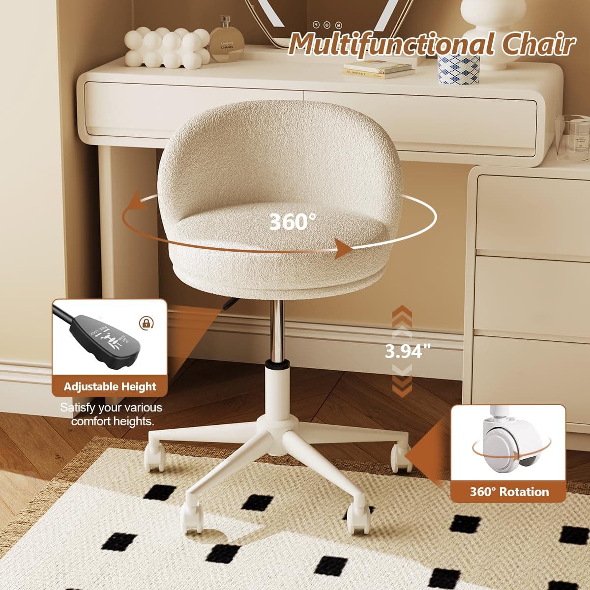 Armless Vanity Chair with Back,360°Swivel Makeup Chairs Small Office Chair with Wheels,Height Adjustable Computer Task Chair for Bedroom,Living Room,White thumbnail 6