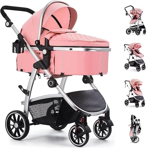 Hagaday Baby Stroller, 2-in-1 Reversible Toddler Seat with Bassinet Mode, Foldable Infant Stroller with Canopy, One Button Brake, Adjustable Handle, Newborn Pushchair(Pink) - Image 1
