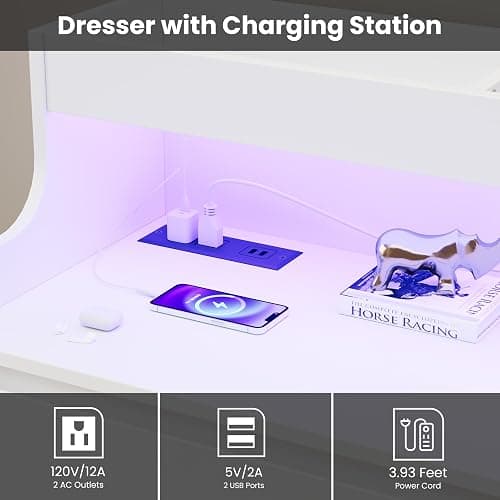 Dresser for Bedroom, 6 Drawer Dresser with LED Lights and Charging Station, Wide Chest of 6 Drawers with Open Space, Modern Large Capacity Storage Cabinet, Living Room, Hallway, White - White thumbnail 10