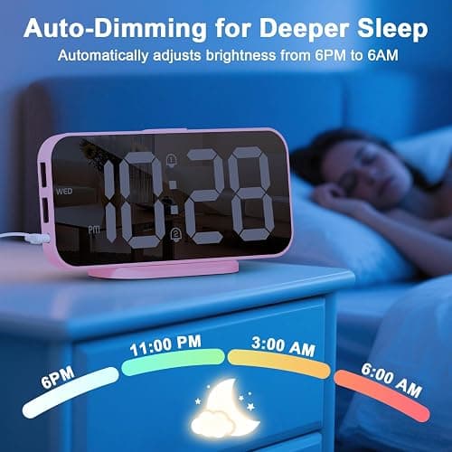 ALANAS Pink Mirror Digital Alarm Clock for Girls & Teens, Dual Alarms, Snooze, Adjustable Brightness, 2 USB Ports, Weekday Display, Cute Bedside Clock for Kids, Bedroom, Desk, Dorm, Gift Idea thumbnail 6