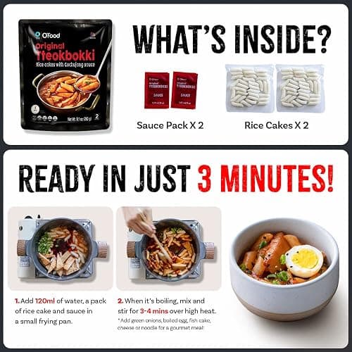 Tteokbokki Korean Rice Cakes – [Original Gochujang | Pack of 1] – Gluten Free | Ready in 3 Minutes | 0 Cholesterol/ 0 Trans Fat | 2 Servings Spicy Street Snack | Healthy/Savory/Spicy - O’food thumbnail 3