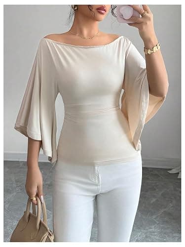 OYOANGLE Women's Bell Sleeve Tops Off The Shoulder T Shirts Slim Fitted Dressy Casual Blouses thumbnail 2