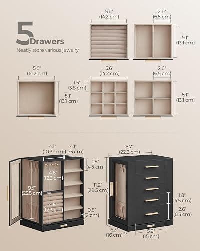 SONGMICS GISELLA Collection - Jewelry Box Organizer 360° Rotating, Large Vertical Jewelry Storage Case with 5 Drawers, Shiny Metal Hardware, Glass Window, Gift Idea, Ink Black UJBC170B01 thumbnail 2