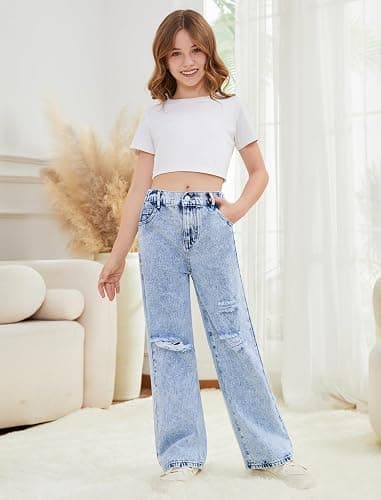 Feuoive Girls Baggy Jeans Wide Straight Leg Elastic High Waisted Denim Pants Fashion Y2k Boyfriend Skater Streetwear 7-14Y thumbnail 3