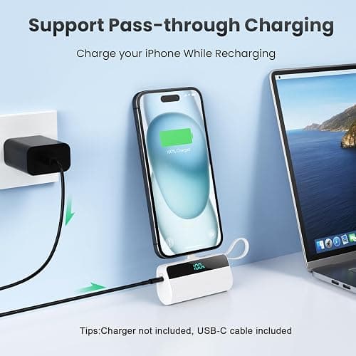Mini Portable Charger for iPhone with Built in USB C Cable, 5500mAh Small Power Bank 20W PD Fast Charging, LCD Display Battery Pack for iPhone 17/16/15/14/13/12/11/X/8/6 Series Android Galaxy (White) thumbnail 3