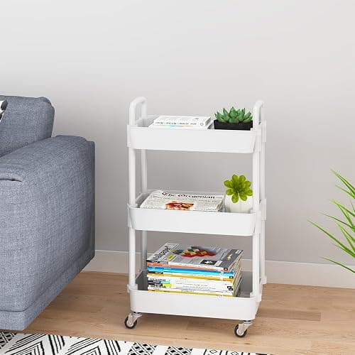 UDEAR 3-Tier Kitchen Rolling Utility Cart,Multifunction Storage Organizer with Handle and 2 Lockable Wheels for Kitchen,Bathroom,Living Room,Office,White - 3-Tier - White thumbnail 4