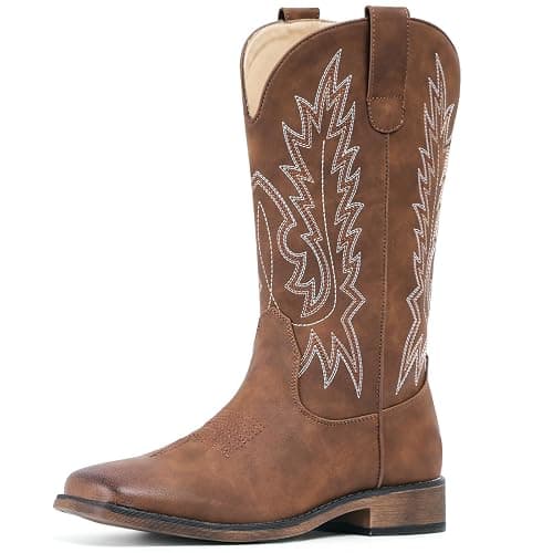 IUV Cowboy Boots For Women Square Toe Wide Western Boots Mid Calf Cowgirl Boots Pull On Embroidered Brown Cowboy Boots thumbnail 7