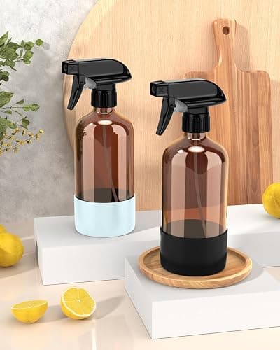 Bontip Glass Spray Bottle with Silicone Sleeve Protection, Amber Glass Spray Bottle Set for Window Cleaner Aromatherapy Facial Hydration Watering Flowers Hair Care 2 Pack/16 oz (Black & Blue, 16 oz) thumbnail 2
