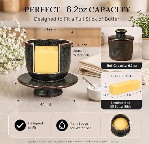Pottery Butter crock with lid, Keeps Butter Soft & Spreadable, 6.8 oz | Rustic French Butter Crock, Water Line, Keeps Butter Soft & Spreadable thumbnail 9