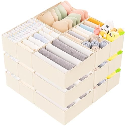 Criusia 15 Pack Drawer Organizer for Clothes, Foldable Dresser Dividers with 3 Sizes, Fabric Storage Bins – Beige - Image 1