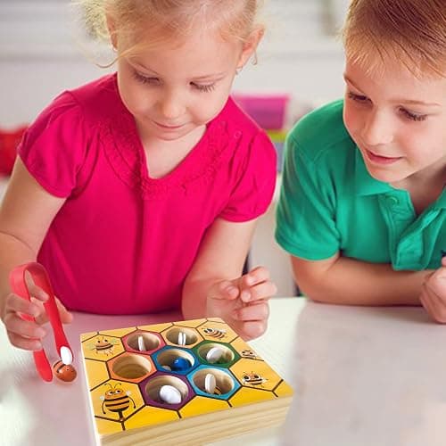 YUNCHY Toddler Fine Motor Skill Toy, Bee to Hive Matching Game, Montessori Wooden Color Sorting Matching Toy, Preschool Educational Learning Toys Gift for Toddler 3 Years Old thumbnail 2