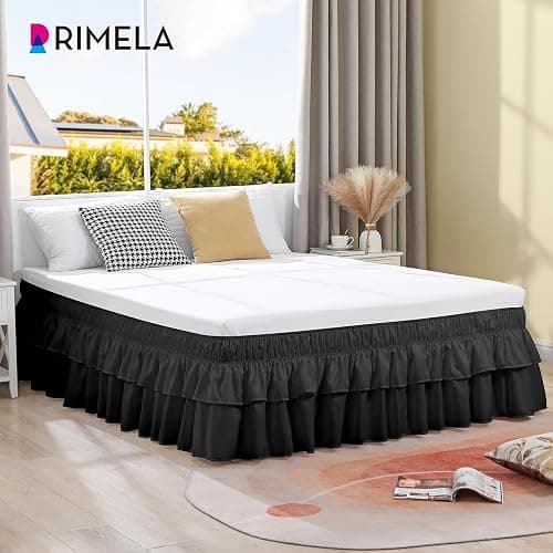 RIMELA Queen Size Ruffle Bed Skirt 16 Inch Drop - Black Double Layered Wrap Around Dust Ruffle, Romantic Cute Design Bedskirt with High-Density Fabric, Soft Stretchy, Easy Install for Queen Bed thumbnail 7