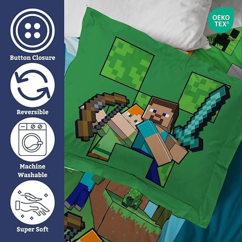 Jay Franco Duvet Cover Set – 2 Piece Comforter Cover and Sham Set, Super Soft Cozy Kids Bedding (Insert Not Included) Blue - Minecraft, Twin thumbnail 3