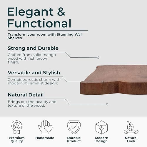 Set of 3 Solid Mango Wood Decorative Wall Shelves – Home Decor Floating Display Shelf with Iron Bracket – Modern Wall Shelves for Office, Bedroom & Living Room – 10", 14" & 18" thumbnail 5
