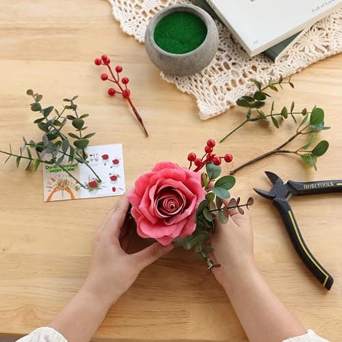 mizii DIY Small Artificial Flowers Potted Kit Fake Flower Realistic Silk Rose and Greenery with Vase for Gifts Table Centerpiece Mantle Office Desk Shelves Living Room Decorations (Pink) thumbnail 2