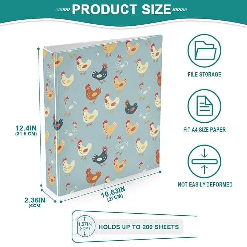 Cute Chicken 3 Ring Binder for School Office, 1.5 Inch Animal Themed Binder with Clipboard, PVC Pockets, Holds 8.5x11 Paper, Fun Binders for Students Work Supplies (1 Pack) thumbnail 3