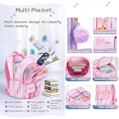 Gradient Childrens Backpacks School Bags for Girls Casual Daypacks with Plush Ball Pendant, B05-Blue thumbnail 5