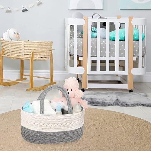 Maliton Baby Windel Caddy Organizer，Wickeltisch Organizer Aufbewahrungskorb mit Herausnehmbaren Fächern，Robuster Tragbarer Baumwollseil Windeltasche als Babyparty Geschenk，Grau - Grau - M thumbnail 8