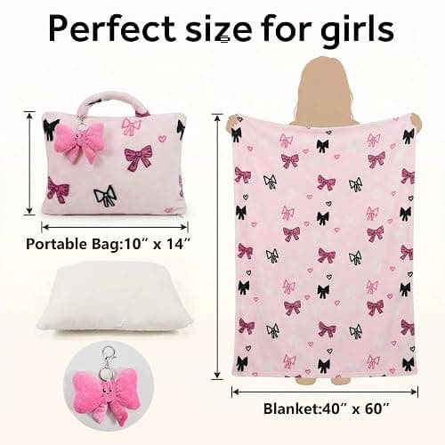 VigorSpring 3-in-1 Kids Travel Blanket and Pillow Set, 40x60 Inch Pink Bow Blanket for Girls,Compact Set with Bow Keychain, Ideal Birthday Travel Essential thumbnail 3