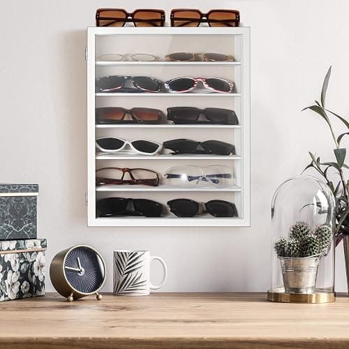 TJ.MOREE Sunglasses Organizer Storage Wall Mounted: 13 x 15.6 inches Eyewear Display Case Rustic Wood Eyeglasses Holder Large Glasses Storage Box,White thumbnail 2