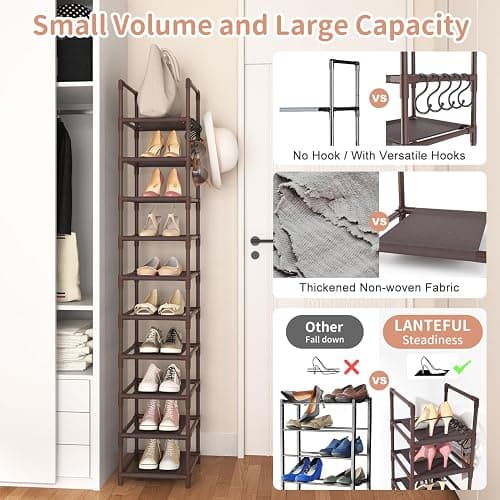 LANTEFUL Tall Shoe Rack 10-Tier Narrow Shoe Shelf Storage for 10-15 Pairs Shoe and Boot, Sturdy Shoe Storage Space Saving Corner Shoe Rack Organizer for Closet, Entryway, Living Room, Brown thumbnail 6