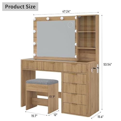 Yanosaku 47" Fluted Vanity Desk with Mirror & LED Lights, 7-Drawer Makeup Vanity with Glass Top & Cabinet, Vanity with Chair & Charging Station, 3 Lighting Modes, for Bedroom, Natural Oak thumbnail 2