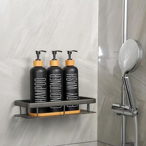 Prus Waso Shampoo and Conditioner Dispenser, Contains Shampoo Conditioner Body Wash Dispenser. Shower Dispenser with Bamboo Pumps & Tray, Perfect for Bathroom Essentials for New Home. (Black) - Black thumbnail 5