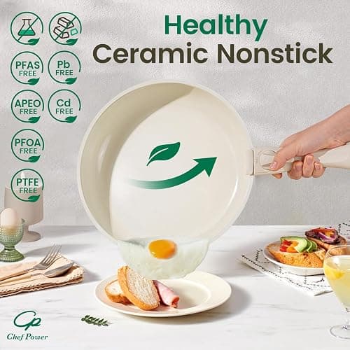 Chef Power Ceramic Cookware Set Non Toxic with Detachable Handles, Healthy Nonstick Pans and Pots Set 19 Pcs, Induction Dishwasher Oven Safe Kitchen Set, PFAS PFOA & PTFE Free, Cream White thumbnail 5